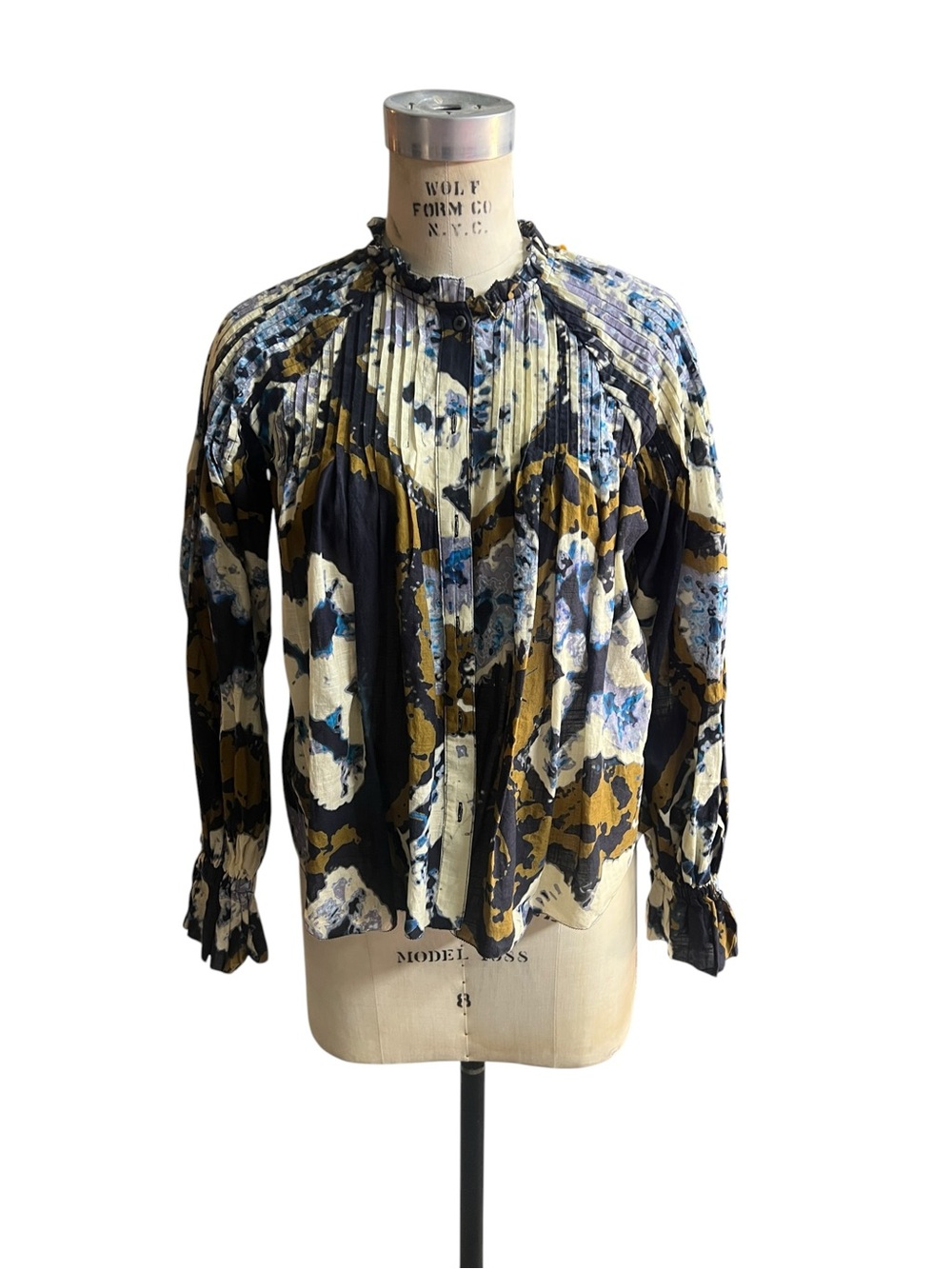 Othilia XS blue and mustard print high neck blouse